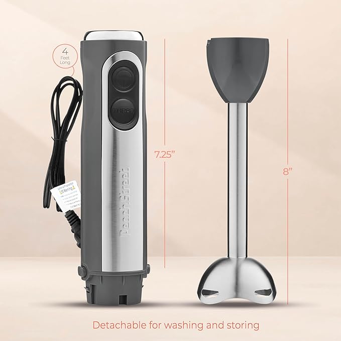 Powerful Immersion Blender, Electric Hand Blender 500 Watt with Turbo Mode, Detachable Base. Handheld Kitchen Blender Stick for Soup, Smoothie, Puree, Baby Food, 304 Stainless Steel Blades (Grey)