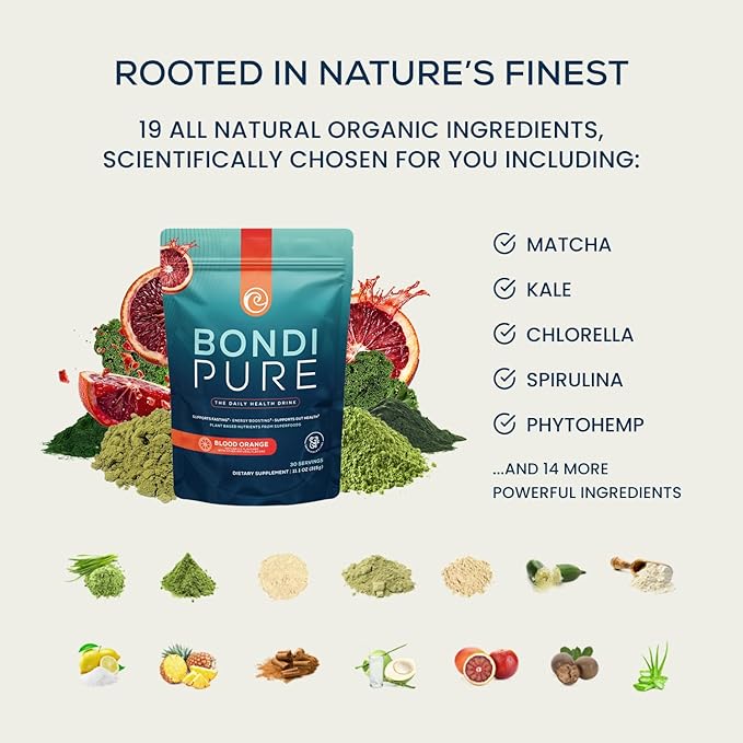 Bondi Pure - Daily Health & Detox Drink - Promote Gut Health & Energy Support During a Cleanse or Intermittent Fasting - Plant-Based Fibers, Alkalizing Super Greens - Blood Orange (2-Pack)