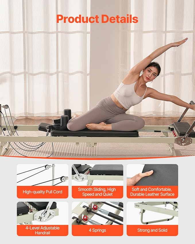 VEVOR Pilates Reformer Machine, Pilates Workout Equipment for Home Gym Studio Use, Pilates Bed with Dual Resistance- Spring & Cord, Reformer Set, Up to 400 LBS