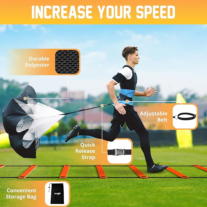 Yes4All Agility Ladder Speed Training Equipment Set - 1 Adjustable Agility Ladder, 12 Soccer Cones, 5 Hurdles, Jump Rope, Running Parachute - Speed & Agility Training Equipment for All Ages