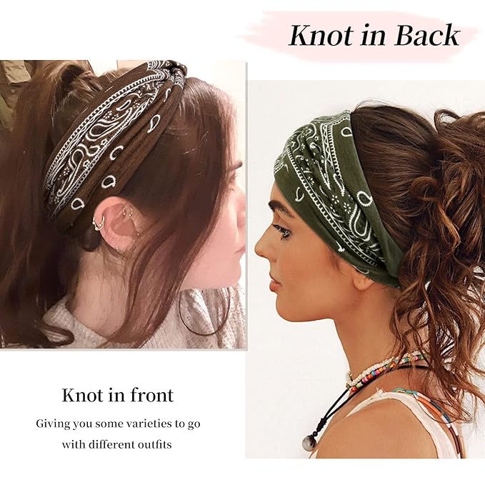 Huachi 4 Packs Thick Boho Stylish Floral Turban Wide Headbands for Women - Non Slip Hairbands for Hair, Sport, Workout, Yoga, Hair Accessories (Pack of 4)