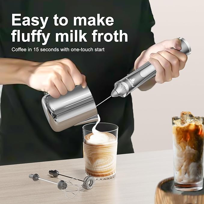 Rechargeable Frother Wand with Stand, Milk Frother with Detachable Stainless Steel Double Rings Whisk, 3-Speed Handheld Electric Drink Mixer for Lattes, Cappuccino, Coffee (Space Gray)