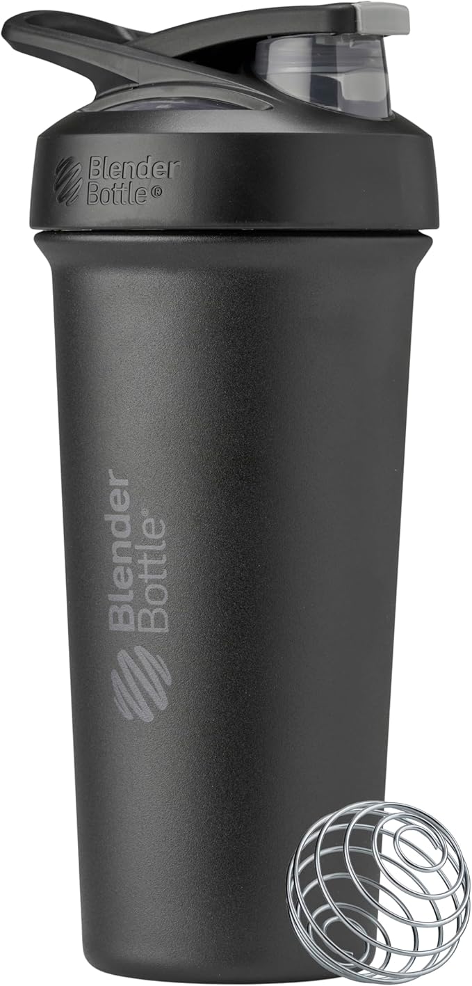 BlenderBottle Strada Sleek Shaker Cup Insulated Stainless Steel Water Bottle with Wire Whisk, 25-Ounce, Black