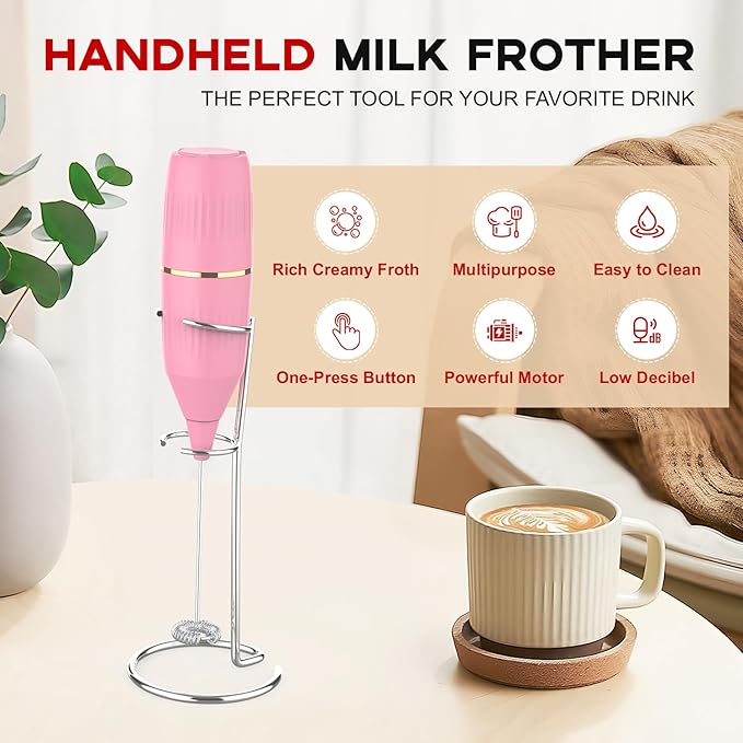 Handheld Milk Frother 14,000 RPM Drink Mixer Wand with Stand & Stirring Spoon Quiet One-Button Operation, Non-Slip Handle, Detachable Whisk Head for Coffee, Lattes, Cappuccinos, Matcha (Pink)