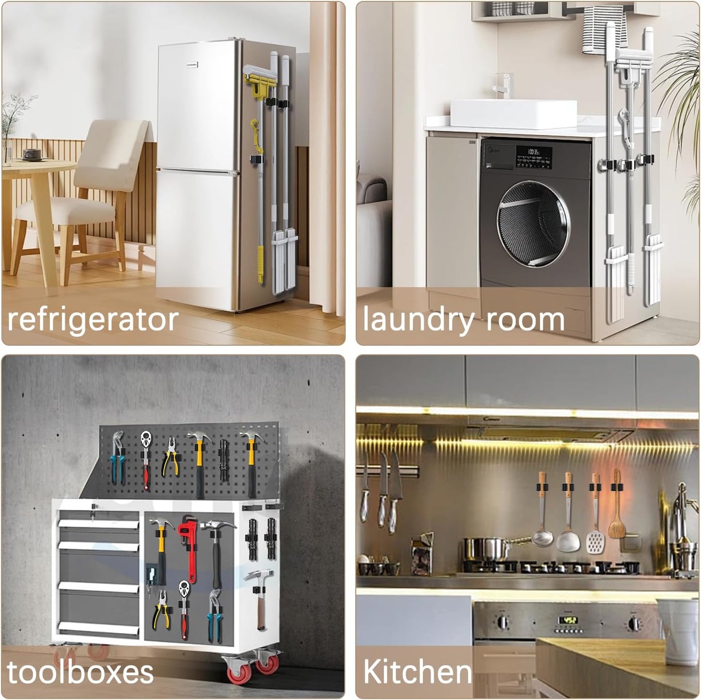 3-H Magnetic Broom Holder with Strong Magnetic Hook 4 Pack,Broom Holder Wall Mount for Garage Garden Shed Storage System Laundry Room Home Kitchen Organization