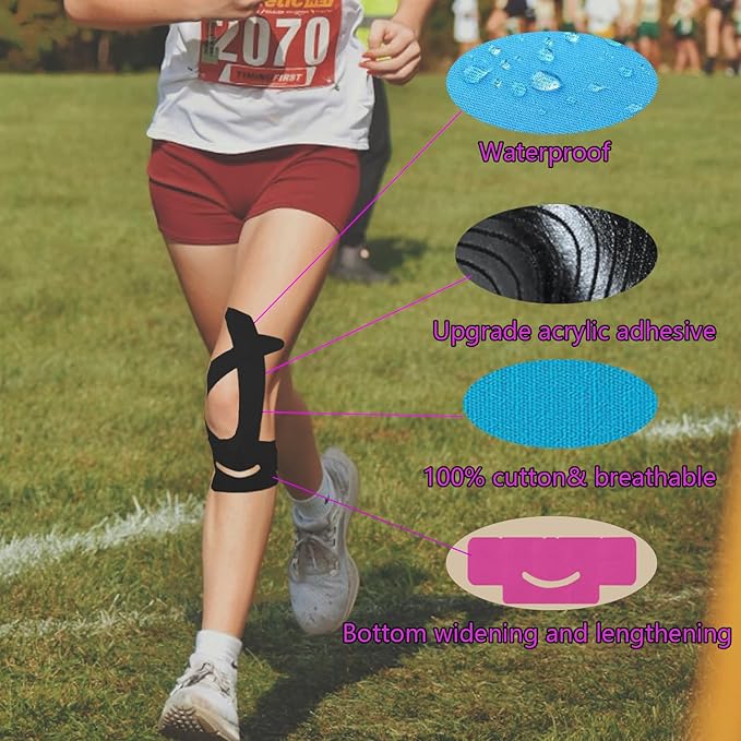 Kinesiology Tape for Knees, 12 Count Pre-Cut Waterproof Knee Tape for Knee Pain Relief Pre Cut, Original Cotton Athletic Tape, Durable Knee Tape for Sports and Long-Lasting Support (Black)