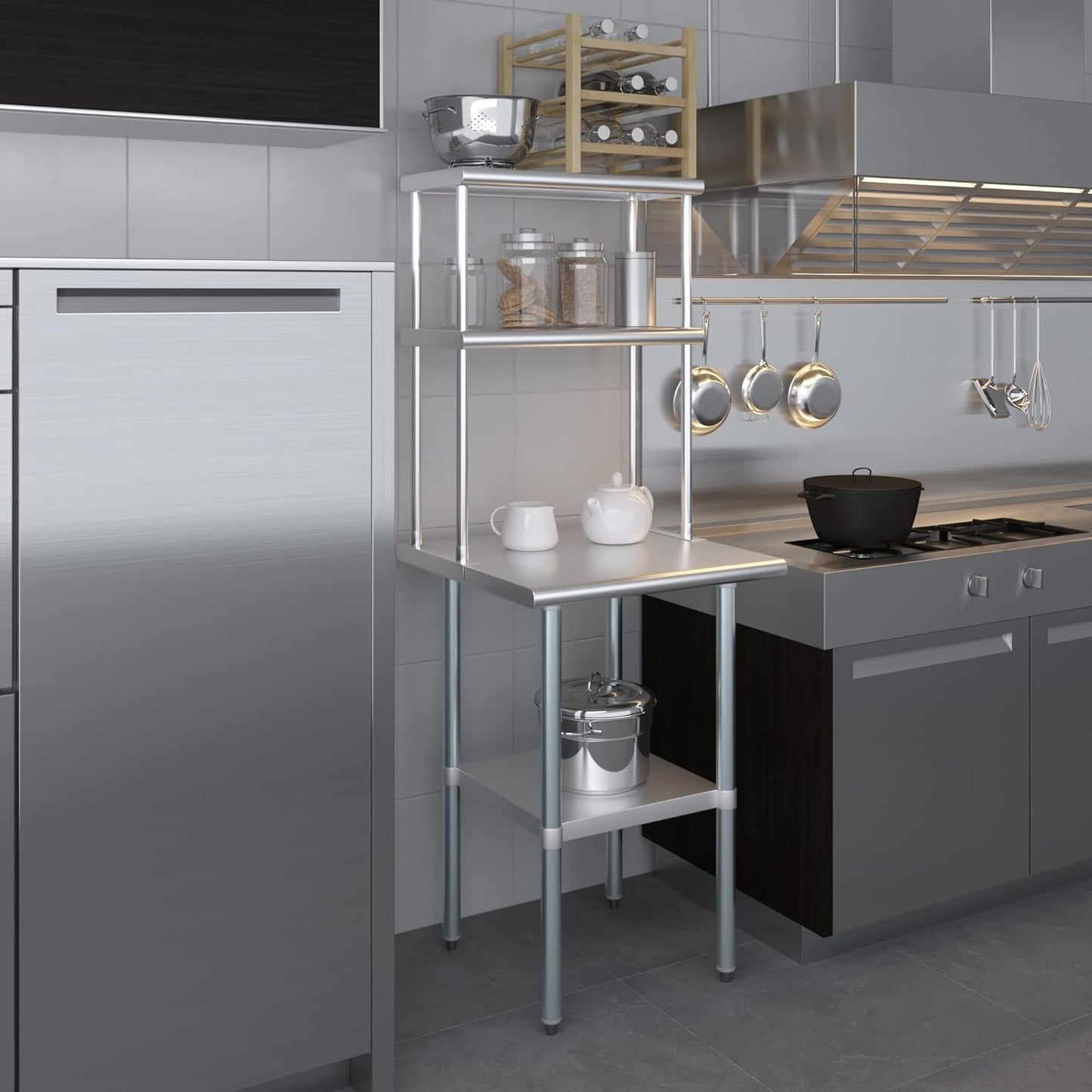 Amgood Stainless Steel Work Table Wide Double Tier Overshelf | NSF | Metal Kitchen Prep Table & Shelving Combo (24" x 24" Work Table + 12" Overshelf)