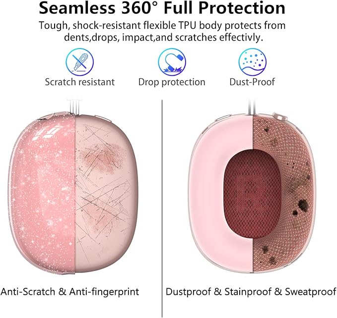 for AirPods Max Case Clear Pink Glitter,3 in 1 Clear Soft TPU Ear Cups Case Cover/Ear Pad Case Cover/Headband Cover for Airpods Max Case Cover,Case for AirPod Max Headphone Accessories-Pink