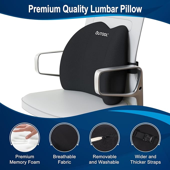 QUTOOL Lumbar Support Pillow for Office Chair, Memory Foam Low Back Support,Back Pain Relief, Ergonomic Large Back Cushion for Desk Chair,Gaming Chair,Adjustable Strap and Washable Cover