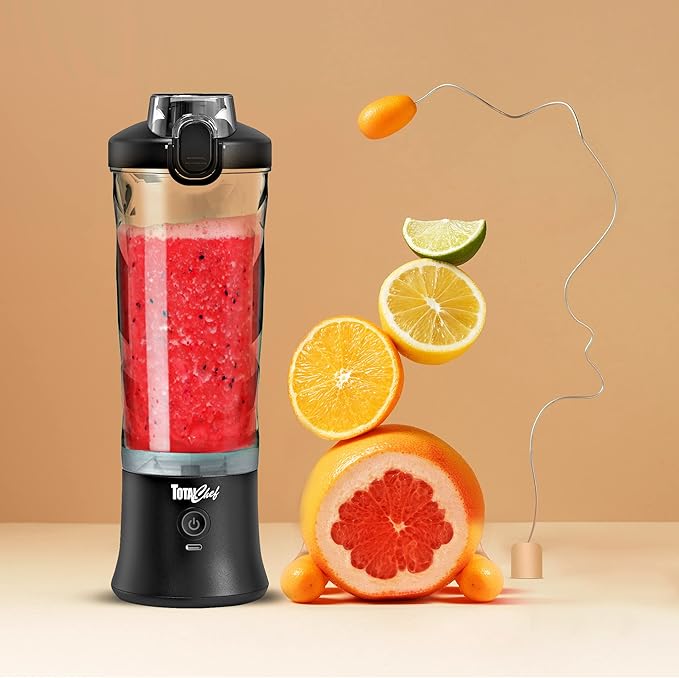 Total Chef Portable Blender - USB Rechargeable Personal Smoothie Mixer, Protein Shake Maker, Cordless Travel Mini Licuadora, Blend Frozen Fruit, Drink Milkshake On The Go,Ice Crusher 20 OZ, Black