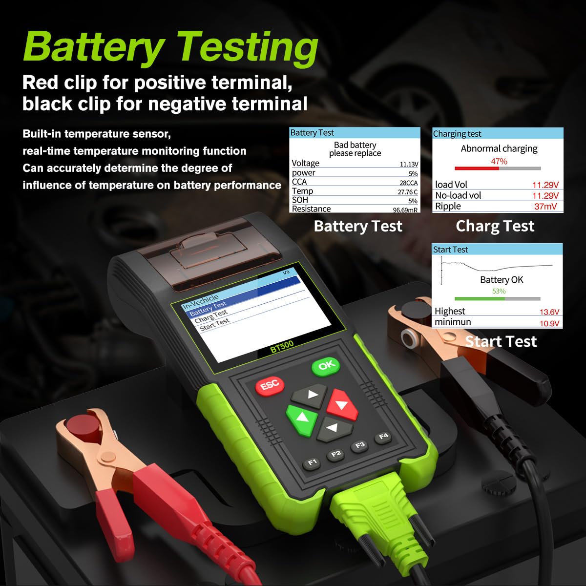 Automotive Battery Tester with Printer, 12V 24V Car Battery Load Tester and Alternator Tester, 20-2000 CCA Battery Capacity Tester, Relay Tester, Leakage Test for Heavy Duty Truck, BT500