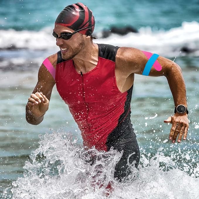 OBTANIM Waterproof Kinesiology Tape 4 Rolls Precut Strips Elastic Athletic Tape Muscle Pain Relief Sports Tape for Knee Fitness Running Tennis Swimming (Brown)