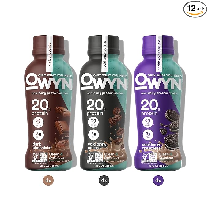 OWYN Only What You Need Plant Based Protein Shake, 20g Vegan Protein from Organic Pumpkin Seed, Flax, Pea Blend, Prebiotic Supplement, Superfood Greens, Gluten & Soy-Free (Variety Pack, 12 Pack)
