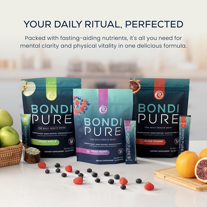 Bondi Pure - Daily Health & Detox Drink - Promote Gut Health & Energy Support During a Cleanse or Intermittent Fasting - Plant-Based Fibers, Alkalizing Super Greens - Green Apple (3-Pack)