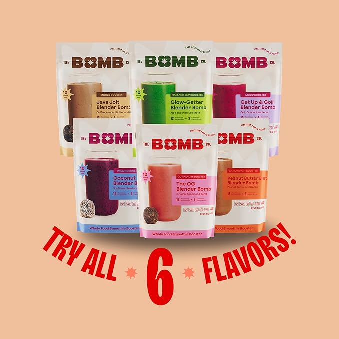 The Bomb Co. Blender Bomb, Peanut Butter Blast, Superfood Smoothie Mix with Chia Seeds, Hemp Seeds, Peanuts, & Amino Acids for Antioxidants, Gluten Free, High Fiber, 10 Servings