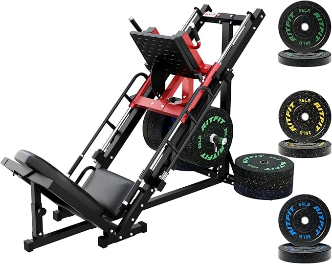 RitFit Adjustable Leg Press and Hack Squat Machine with Weight Plate Set, Professional Home Gym Equipment with Linear Bearings, Specialized for Complete Lower Body Workouts and Weight Storage Posts