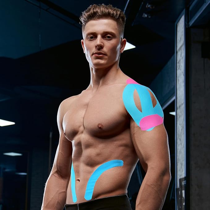 MUEUSS Kinesiology Tape Elastic Cotton Athletic Tape Precut Strips,Waterproof Tape for Protects Muscles,Knees,Shoulders Plantar Fasciitis Pain Relief,Pregnancy Belly Tape (2rolls Pink&Beige)