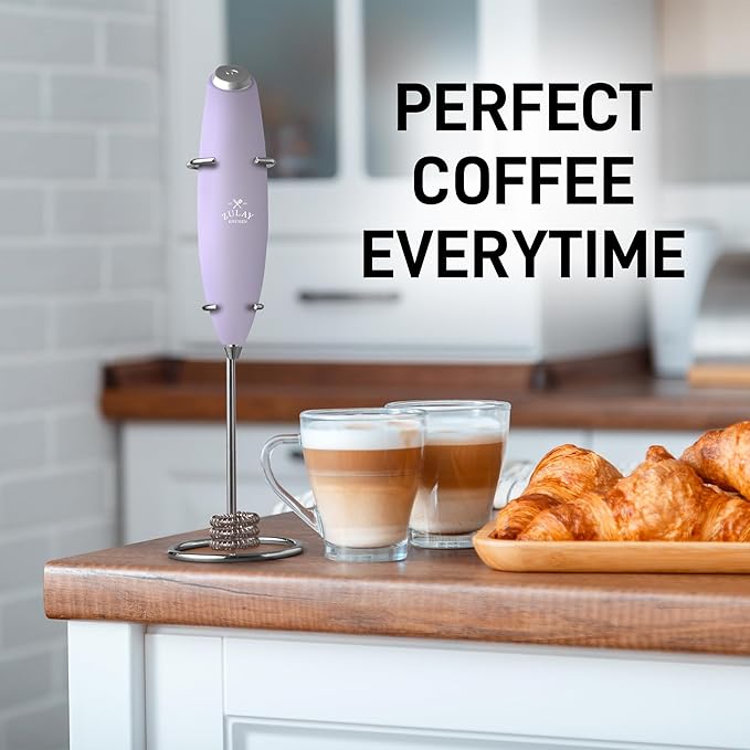 Zulay Kitchen Tornado Whisk Milk Frother with 4 AA Duracell Batteries - Triple Whisk for More Power - Handheld Coffee Frother with Stand - Drink Mixer for Lattes, Matcha & Protein Shakes