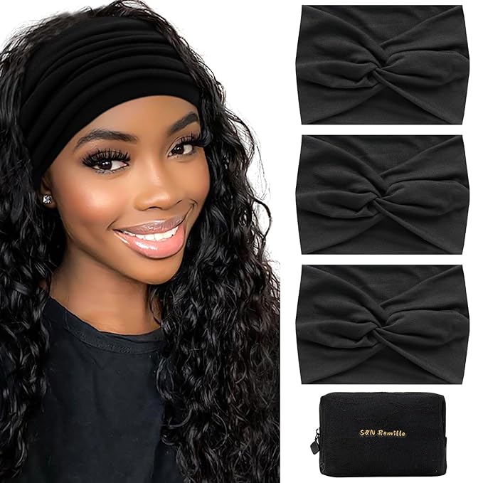 S&N Remille Wide Headbands for Women, Large Hairband, Elastic Non-Slip Headband Twist Knotted Accessories, Yoga Workout Vintage Hair 3 Pack (Colour-5)
