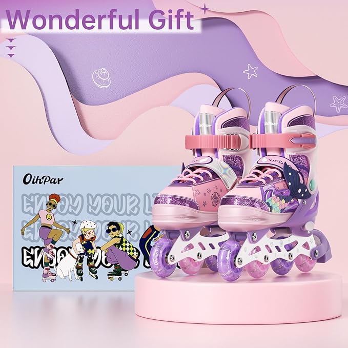 Children's Adjustable Inline Skates with 4-Size Adjustable Fit, Inline Skates with Triple Safety Straps & LED Light Wheels Perfect for Beginners,Ideal Gift for Boys & Girls