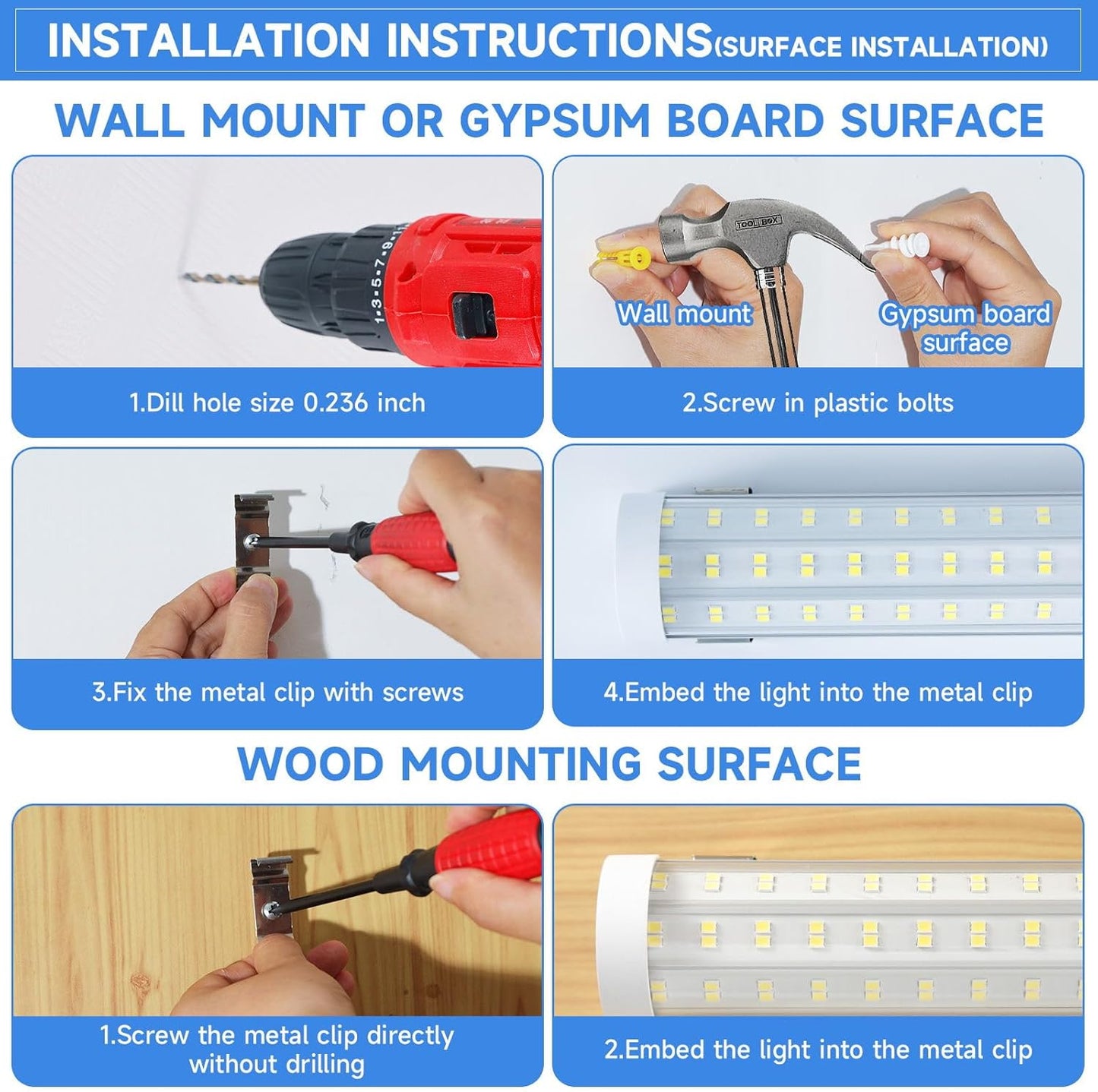 8FT U Shape 125W Integrated Tube Bright LED Light, 6500K Clear White, 20000LM - Flush Mount/Hanging Linkable LED Ceiling Lights for Garage, Plug&Play, 6 Pack