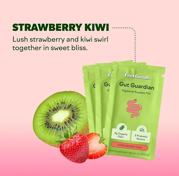 Feel Goods Gut Guardian, Organic Fiber, Probiotic & Prebiotic Powder, Sugar Free, Herbs for Bloat, Gut Health Support, Digestive Health for Men & Women, Non GMO, Vegan, Strawberry Kiwi, 15 Count