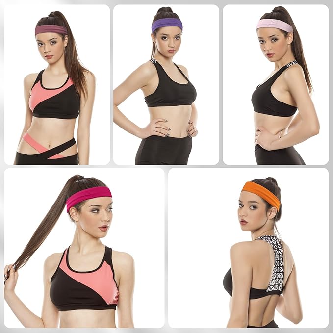Sports Headbands for Women, 5 Pack Moisture Wicking Non Slip Sweatbands Fashionable Hairbands for Workout Yoga Running Gym