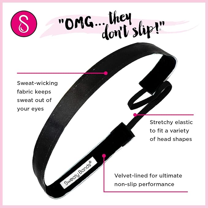 Sweaty Bands Womens Girls Headband - Non-Slip Velvet-Lined Exercise Hairband - Wicked Black 1-Inch