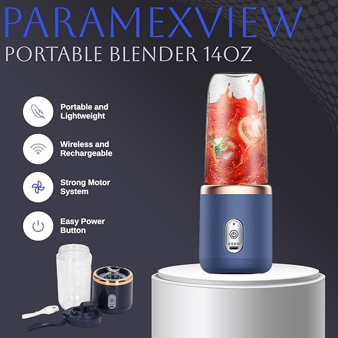 Paramexview® Portable Blender 14oz for Juices & Smoothies with 6 blades Puwerful performances Fusion Blender | USB Rechargeable, Lid, Cup included | Fit for travel and outdoor activities (Navy Blue)