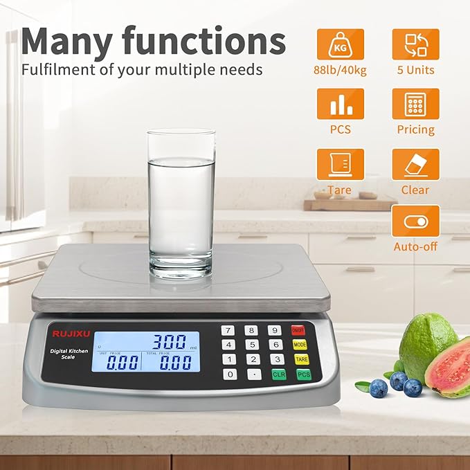 Food Scale 88lb/40kg Large Digital Kitchen Scale 0.05oz/1g with Price Computing Commercial Scale 304 Stainless Steel gram Scale for Baking Cooking Meat Restaurant ,USB or AA Battery(Included)