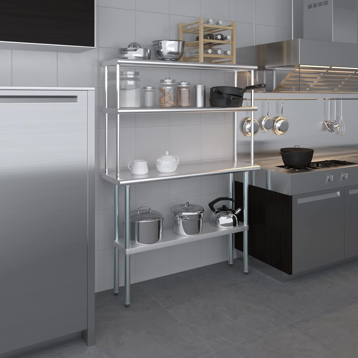 Amgood Stainless Steel Work Table Double Tier Overshelf | NSF 14" x 48" Work Table + 12" Overshelf