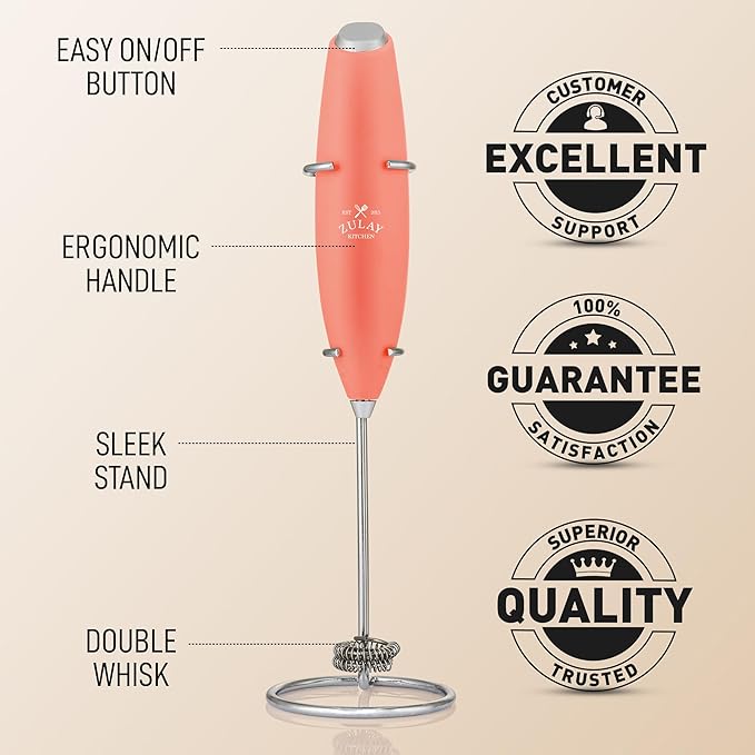 Zulay Double Whisk Milk Frother Handheld Mixer - High Powered Frother For Coffee With Improved Motor - Electric Whisk Drink Mixer For Cappuccino, Frappe, Matcha & More, Twin Whisk (Peaches N Cream)