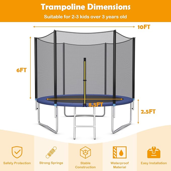 GYMAX Trampoline, 8FT 10FT 12FT 14FT 15FT 16FT Recreational Trampolines w/Safety Enclosure Net & Ladder - ASTM Certificated, Outdoor Trampoline for Kids and Adults