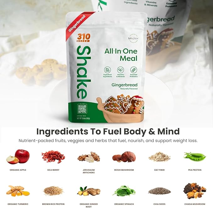 310 Nutrition All-In-One Meal Replacement Shake Powder - Plant-Based Protein Smoothie Blend w/High Fiber, Probiotics & Adaptogens - Low Carb, Vegan, Keto & Paleo Friendly - Gingerbread - 14 Srv