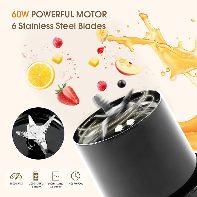 Portable Personal Blender for Shakes and Smoothies with 6 Blades, 21oz(600ml) Personal Size Juicer USB-C Rechargeable with Straw Brush&Lid, for Home, Gym, Travel, Kitchen(Black)