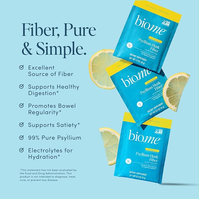Psyllium Husk Fiber Lemonade 20 Count Travel Packs (6g Per Packet) - Psyllium Husk Powder for Digestive Health & Bloating Relief, Gluten Free, Sugar Free Prebiotic Fiber Powder, Non-GMO Supplement