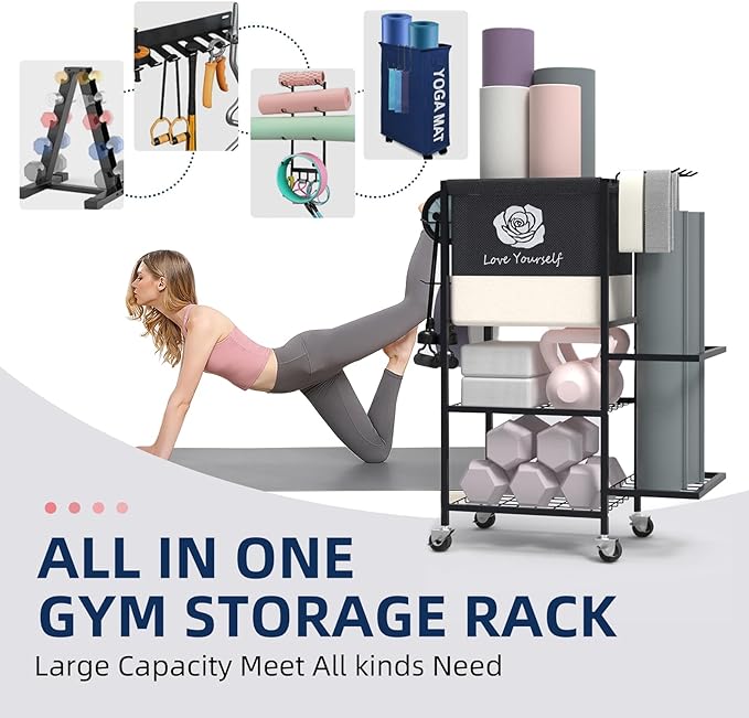 Yoga Mat Storage Rack,Home Gym Storage Rack Gym Workout Equipment Storage Organizer Fitness Weight Rack on Wheels for Yoga Mat,Yoga Block,Foam Roller,Resistance Band,Dumbbell,Kettlebell and Other Workout Accessories