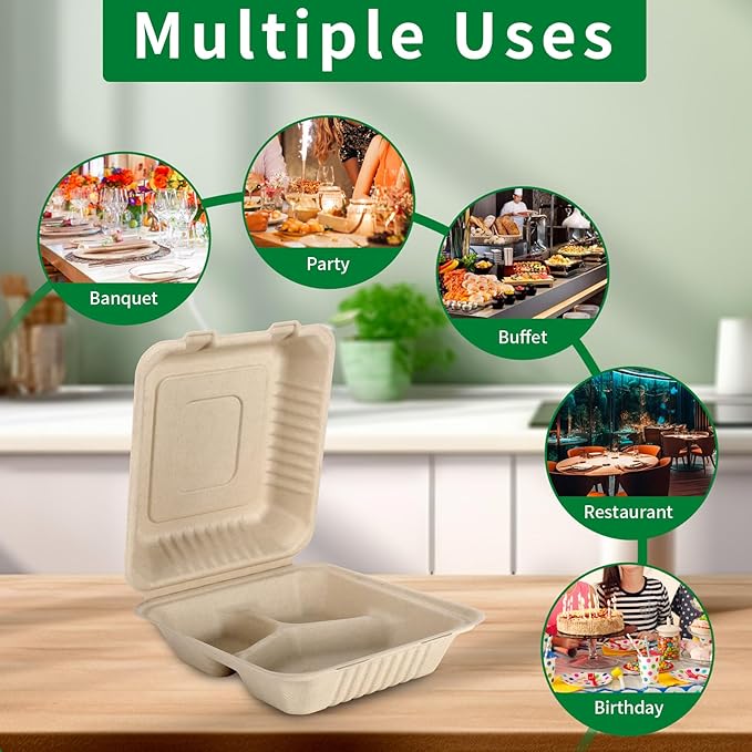 Aricsen 50 Pack 3 Compartment Compostable 8x9 Inch Takeout Lunch Box Containers with Lid To Go Take Out Clamshell for Food, Disposable Eco-Friendly Biodegradable Bagasse, PFAS-Free, Brown