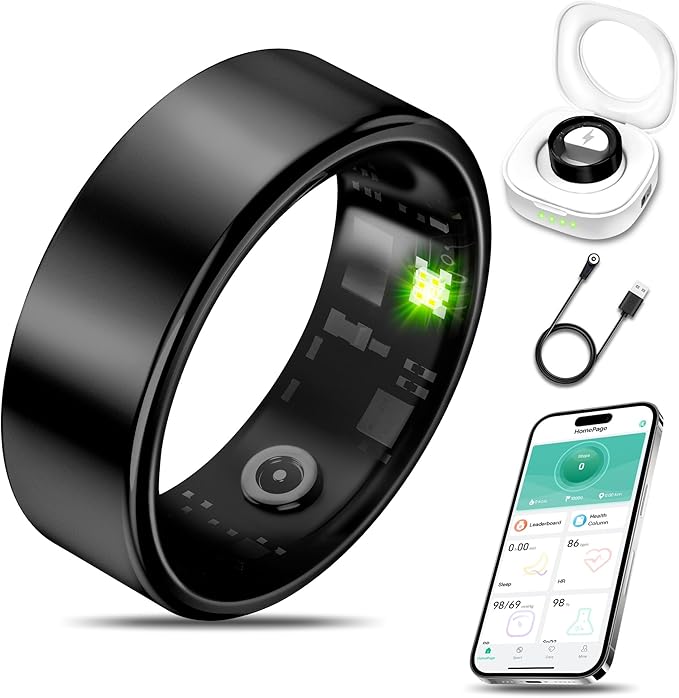 Smart Health Ring for Women Men Fitness Tracker with Heart Rate, Blood Oxygen, Blood Pressure, Sleep Monitoring, Step Counting, IP68 Waterproof for iPhone and Android, No APP Fee, Black 8#