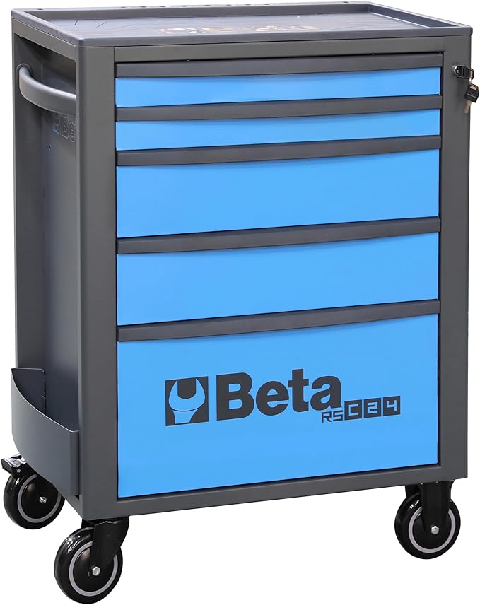 Beta RSC24 Heavy Duty Rolling Tool Cabinet, 5 Drawers, Blue, Ball Bearing Slides, Rubber Mat Liners, 5" Casters, Anti-Fall Edge Worktop, 1760 lbs Load Capacity, Made in Italy