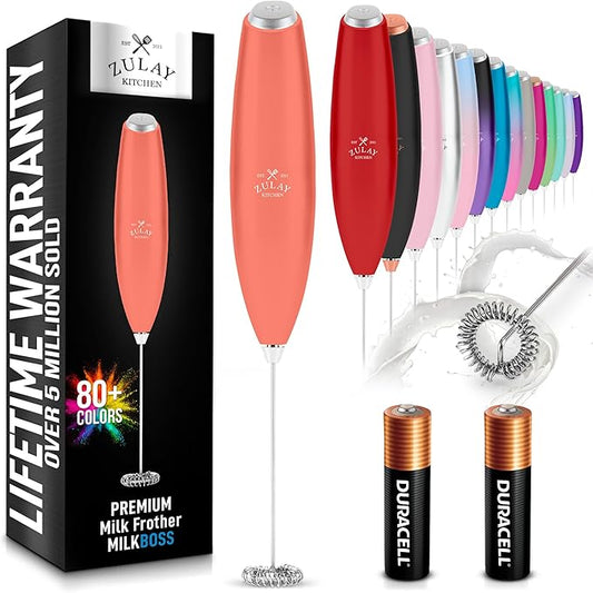Zulay Kitchen Handheld Milk Frother with Duracell AA Batteries – Ultra Fast Electric Mixer & Foam Maker, Easy-Clean Drink Mixer for Coffee & More Peach n Cream - 2B
