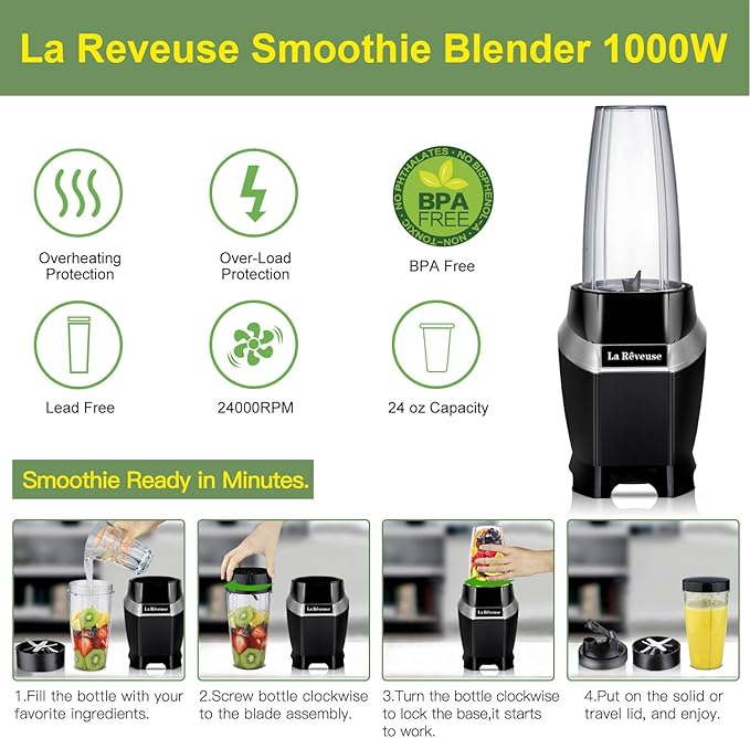 La Reveuse Personal Blender for Shakes and Smoothies 1000 Watts with 24 oz BPA-Free Portable Travel Bottle,Dishwasher Safe (Black)