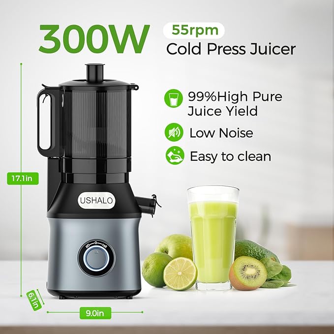Cold Press Juicer, Juice Extractor Machine with 5.5" Extra Large Feed Chute, 300W Slow Masticating Juicer for Whole Vegetables and Fruits, 1.8L Auto-Feed Time-Saver, Easy to Clean