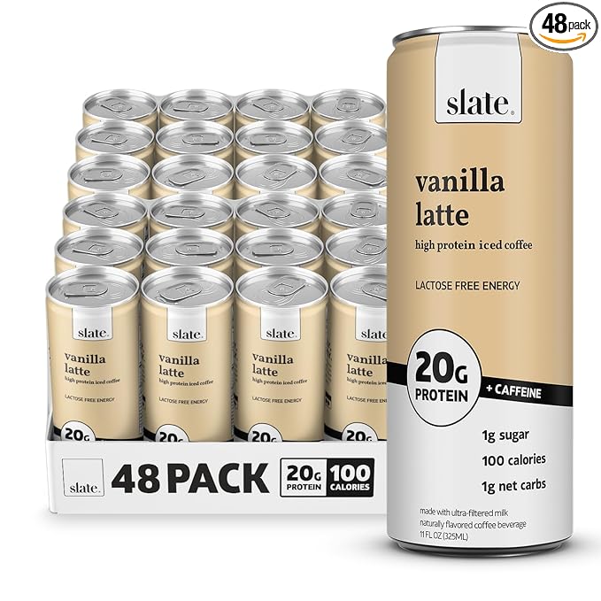 Slate Milk - High Protein Iced Coffee - Vanilla Latte - 175mg Caffeine, Lactose Free Energy - 20g Protein, 1g Sugar, 100 Calories, 1g Net Carbs, No Sugar Added - Protein Coffee - 11 fl oz, 48 Cans