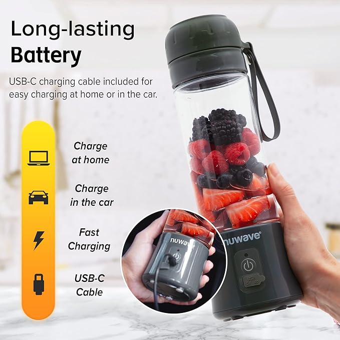 Nuwave Portable Blender for Shakes and Smoothies, On-the-GO Personal Blender with USB-C Rechargeable, 6-Piece-Blade for Crushing Ice, BPA Free 18 Oz Tritan Jar for Travel, Office and Sports