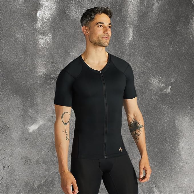 Tommie Copper Mens Short Sleeve Compression Shirt with Front Zipper – Full Back & Shoulder Support, Posture Corrector