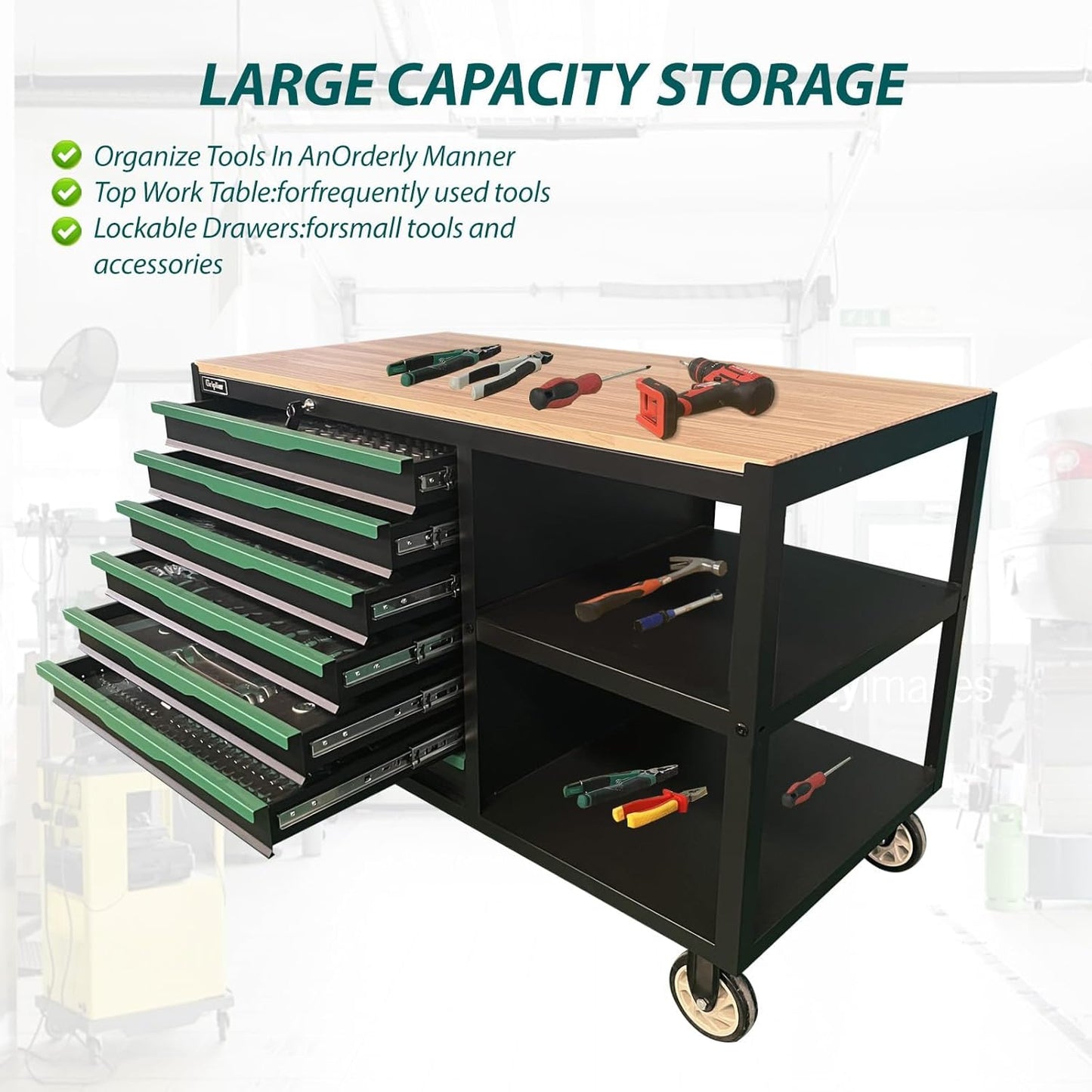 7-Drawers Professional Tool Cart Cabinet,Rolling Tool Chest with Double Shelves,Wood Workbench,Brake Wheels,51.1W x 18.9D x 32.3H inches for Garage, Workshop, or Outdoor Use(7 Drawers)