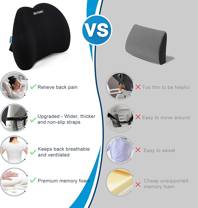 QUTOOL Lumbar Support Pillow for Office Chair, Memory Foam Low Back Support,Back Pain Relief, Ergonomic Large Back Cushion for Desk Chair,Gaming Chair,Adjustable Strap and Washable Cover