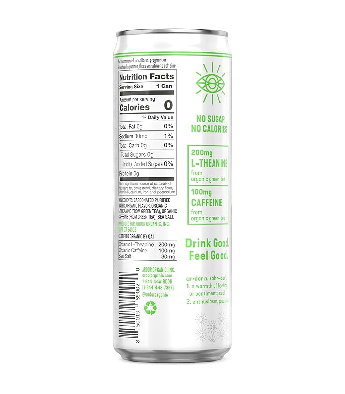 ARDOR Sparkling Water with 100mg Natural Caffeine & 200mg L-Theanine from Organic Green Tea for Smooth Energy & Focus | No Sugar, 0 Calories | Vegan, Gluten-Free | Mexican Lime - 12 Ct