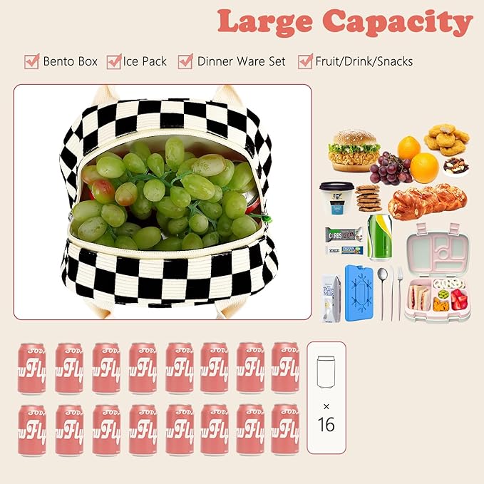 FlowFly Lunch Bag for Women Insulated Lunch Box Corduroy Lunch Tote Cooler for Travel Work Picnic,Corduroy Plaid Black